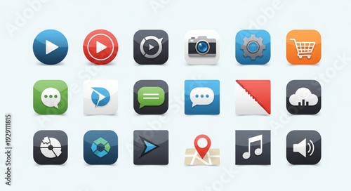 Collection of various app icons representing different functions and applications for mobile devices.