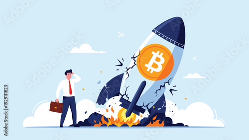 Disappointed businessman looking at a large crashed and smoking rocket ship with a gold Bitcoin symbol, representing cryptocurrency market volatility.