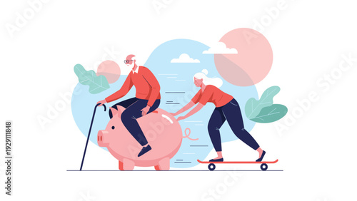 Senior man riding a giant piggy bank and using a cane while his wife pushes him on a skateboard, representing retirement savings and activity.