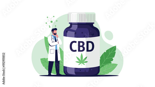 Male doctor in a white coat standing and thinking while looking at a massive dark blue bottle of CBD oil with a hemp leaf on the label.