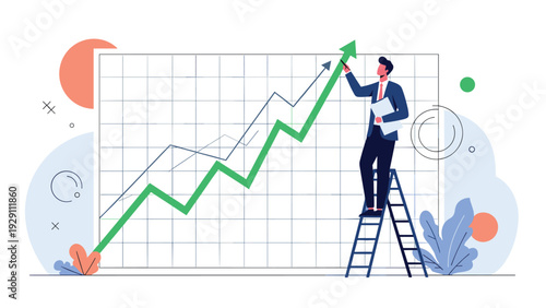 Businessman standing on a ladder and drawing a rising green arrow on a large financial chart grid, symbolizing proactive growth and success.