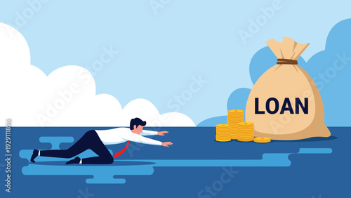 Businessman in a suit and red tie crawling across a blue surface towards a giant burlap bag labeled loan and stacks of gold coins.