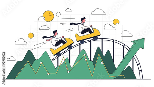 Two happy businessmen enjoying a ride on a yellow roller coaster car moving along a rising financial graph towards a green arrow of success.