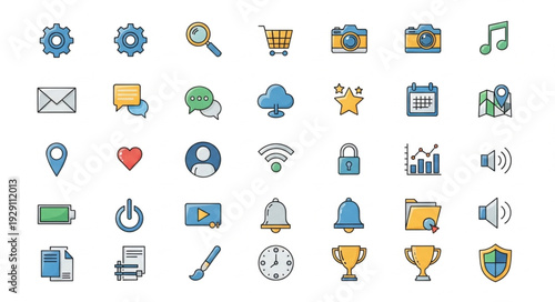 Collection of colorful outlined icons representing various digital concepts and functions.