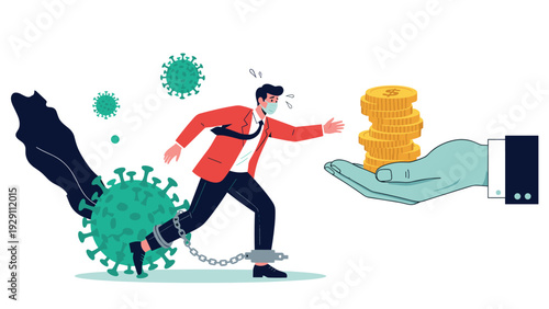 Masked businessman struggling to reach a pile of gold coins while being held back by a heavy chain attached to a large green virus particle cell.