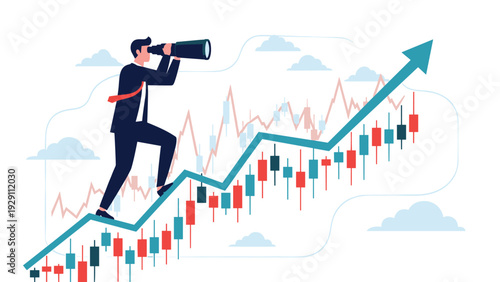 Businessman using binoculars to look ahead while walking up a rising stock market candlestick chart graph towards a big green upward arrow.