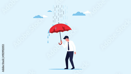 Sad businessman walking under a torn red umbrella that is leaking rain water to represent a failed protection or ineffective financial safety net.