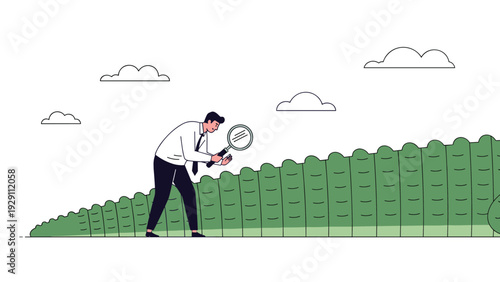 Curious man in a white shirt and black trousers carefully examining the scaly green texture of a giant crocodile back using a magnifying glass.