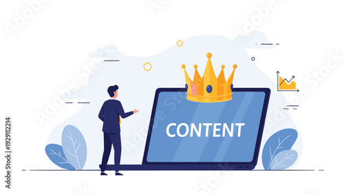 Professional businessman standing in front of a giant laptop with a golden crown on top of the screen displaying the word content as king.