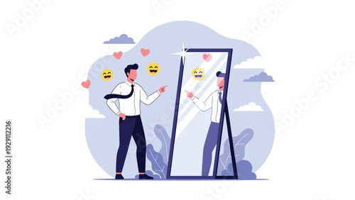 Confident businessman looking at his reflection in a full-length mirror while surrounded by heart and happy face emojis showing self-love.