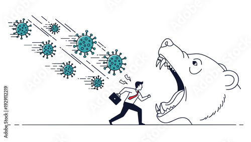 Scared businessman running away from falling virus cells directly towards the open mouth of a giant bear representing a market crash risk.