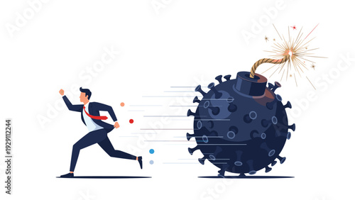 Terrified businessman in a suit running as fast as he can from a giant black bomb shaped like a virus with a lit fuse about to explode.