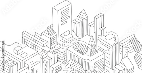 Isometric line of a futuristic cityscape with various buildings and structures line cityscape