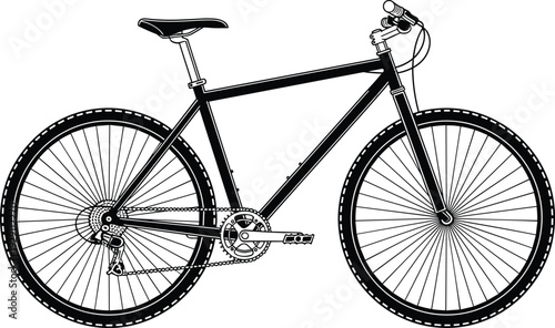 Mountain bike silhouette illustration, modern bicycle side view black and white vector cycling sport transport design