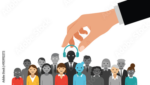 Large hand reaching down to pick a specific person wearing a blue headset from a diverse crowd of people as a symbol for recruitment.