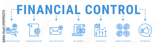 Financial Control web banner icon vector illustration featuring Transaction Tracker, Transaction History, Email Notification, Bill Payment, Today�s Rates, Currency Converter and Testimonials