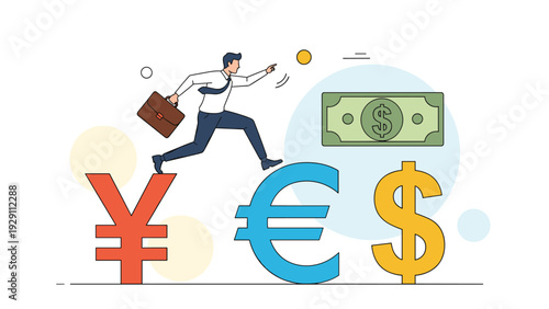 Businessman with a briefcase jumping from a giant red Yen symbol to a blue Euro and then a yellow Dollar symbol for global finance.