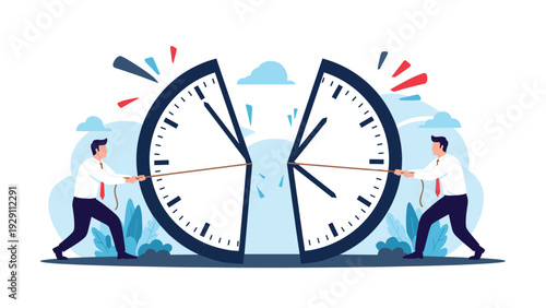 Two professional men in suits pulling on ropes to separate two large halves of a white clock to symbolize time management or conflict.