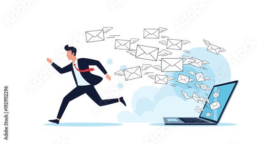 Businessman in a suit running away from a laptop as numerous white envelopes with wings fly out like a swarm of birds representing spam.