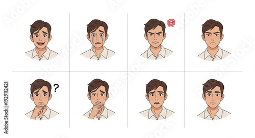Diverse emotional expressions of a person, showcasing various feelings and moods in a series.
