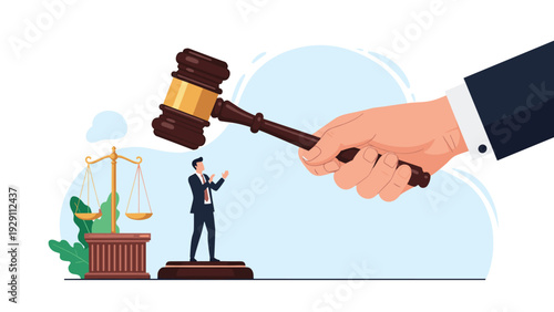 Giant gavel held by a hand over a businessman symbolizing legal justice, law enforcement, corporate regulations, and court proceedings.