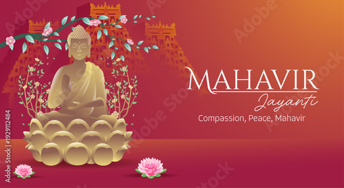 Mahavir Jayanti Festive Red Background with Golden Lotus Statue and Floral Details