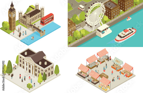 Isometric of London landmarks and a market scene with people and vehicles Big Ben Westminster
