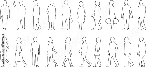 Line of people in various poses and carrying different line people walking standing