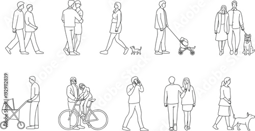 Line of people walking with pets strollers and bicycles in various scenarios line people