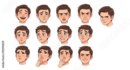 Diverse facial expressions of a young man, showcasing various emotions and feelings.