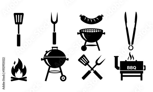 BBQ and Grill Silhouette Icon Set – Barbecue Tools, Sausage, Charcoal Grill and Campfire Symbols