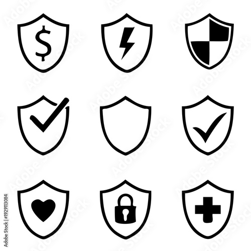 A set of nine shield icons, each featuring a unique symbol or marking, including a dollar sign, lightning bolt, check mar, heart, lock, and cross. The shields are arranged in three rows of three and a