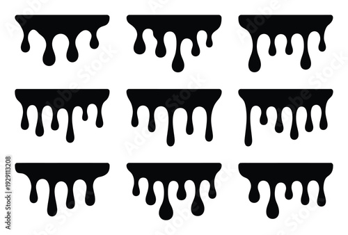 Nine Black Dripping Paint or Liquid on White Background