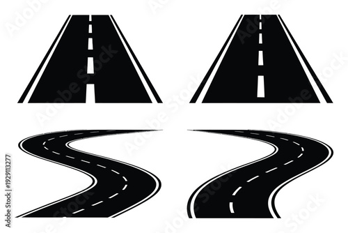 Two straight and two winding roads with white dashed lines on a white background