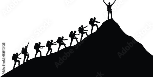Silhouette of hikers climbing mountain peak at sunset, teamwork success leadership achievement goal concept illustration isolated on white background