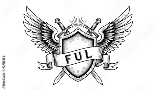 A black and white vector graphic of a shield with wings and swords