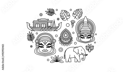 A traditional Indian vector graphic illustration featuring various cultural symbols and icons