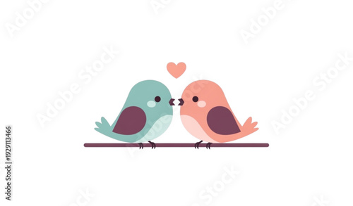 A cute illustration of two birds kissing on a branch with a heart