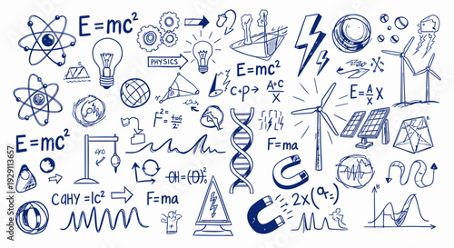 Collection of scientific formulas equations and symbols representing physics and chemistry concepts with hand drawn illustrations and diagrams on white background