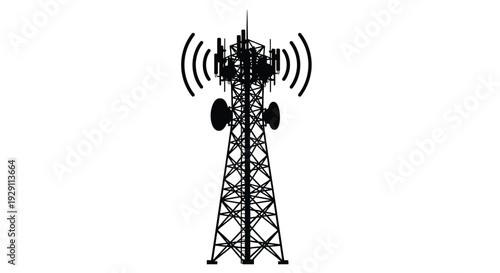 Black silhouette of a tall communication tower against a stark white background