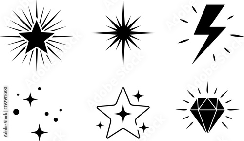 Collection of black starbursts, lightning bolt, and diamond icons on white background