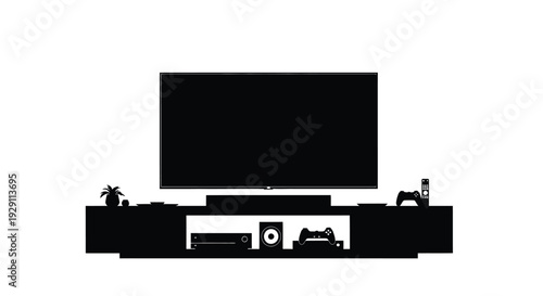 Modern entertainment center silhouette showcasing television audio equipment and subtle tropical elements