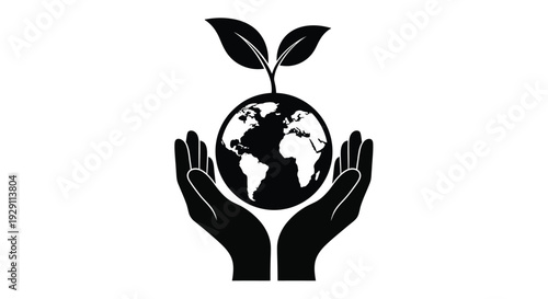 Hands cradling earth with a sprouting plant symbolizing growth and environmental care silhouette