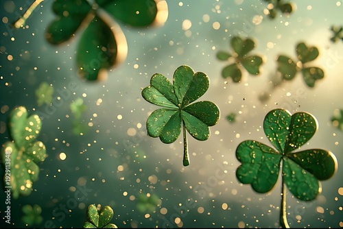 Glossy St. Patrick's Day banner with realistic 3D shamrocks and gold glitter bursts.
