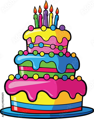 Three tier bright birthday cake with round candy decorations