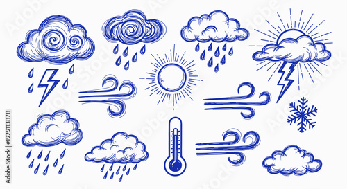Collection of hand drawn weather icons representing diverse meteorological phenomena including sun rain clouds lightning wind and snow and temperature