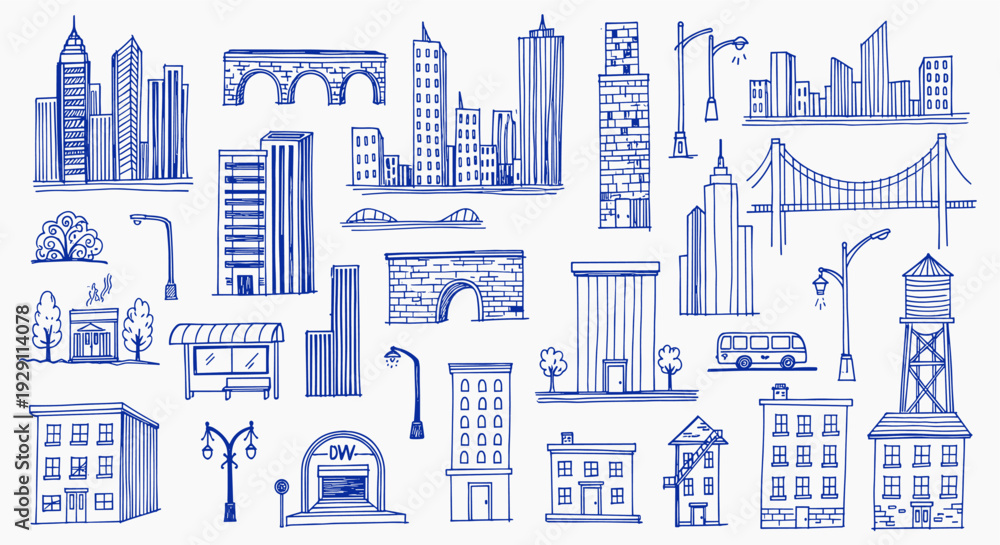 Fototapeta premium Collection of Hand Drawn City Buildings and Architectural Elements in Blue Ink on White Background