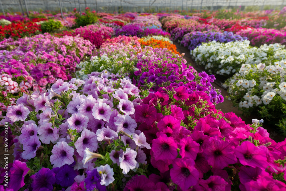 Fototapeta premium A vibrant display of multicolored petunias arranged in a greenhouse garden setting with various blooms