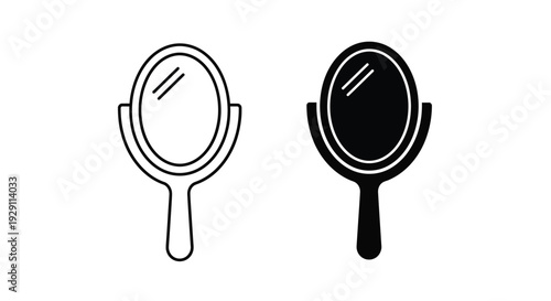 Two round hand mirrors with handles black outline on white background silhouette