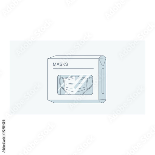Face Mask Box Packaging with Window - Blue Outline Illustration